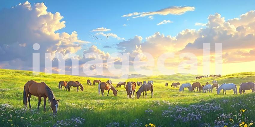 Horses Grazing in Sunset Meadow Scenic Rural Landscape