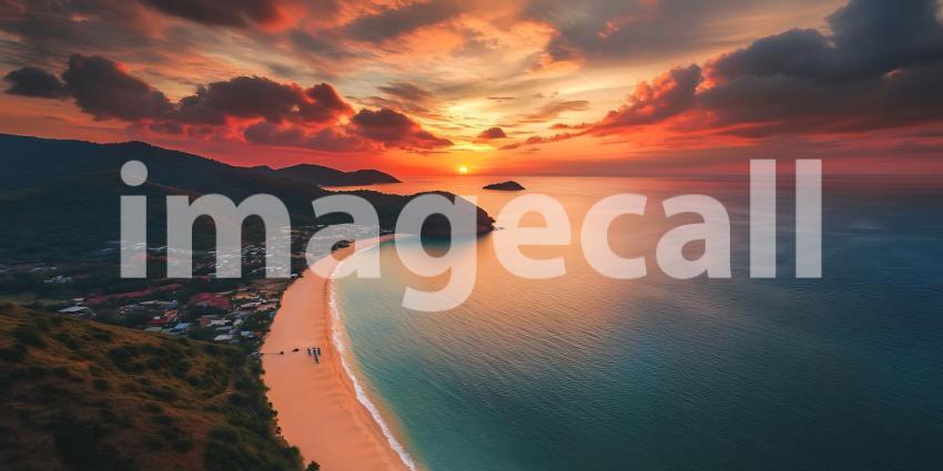 Vibrant Sunset Over Tropical Beach Aerial View