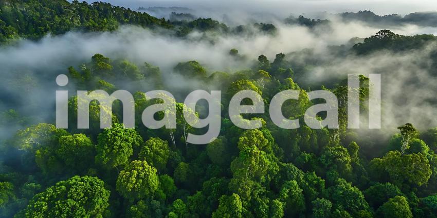 Aerial View of Lush Rainforest Foggy Canopy  Tropical Greenery