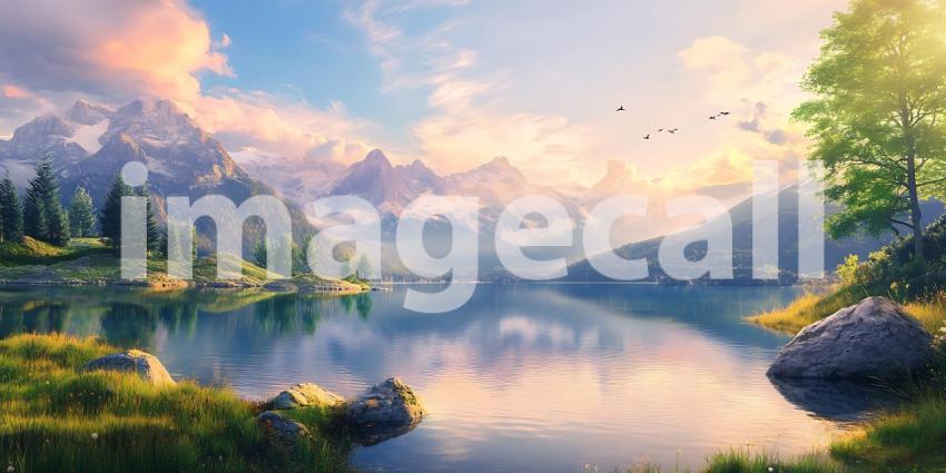 Serene Mountain Lake Landscape Sunrise Vista with Birds in Fligh