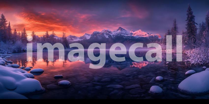 Epic Winter Sunset Mountain Lake Panorama