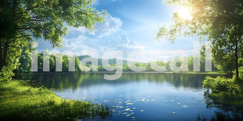 Serene Lake Landscape Picturesque Nature Scene with Lush Greener
