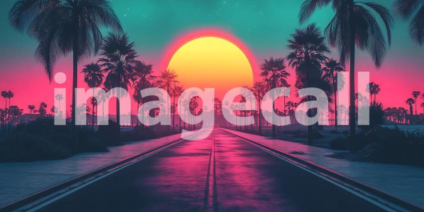 Vibrant Sunset Palm Tree Road Retro Art Background