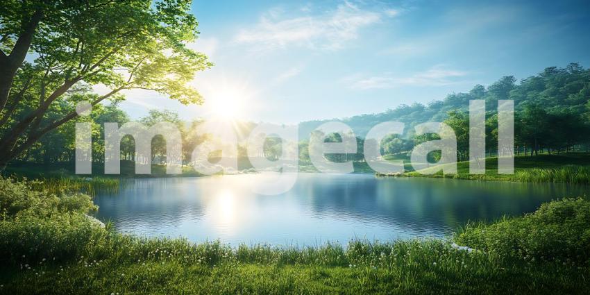 Serene Lake Landscape Sunlit Waters and Lush Greenery
