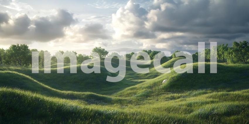 Serene Rolling Hills Landscape Sunlit Meadow Vista