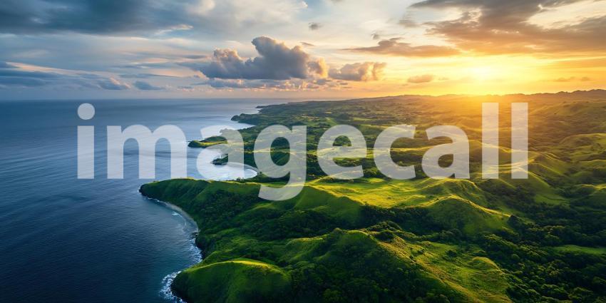 Stunning Coastal Sunset Aerial View of Lush Tropical Landscape