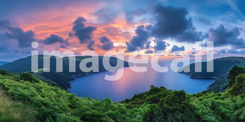 Sunset over Volcanic Caldera Panoramic Island Landscape Photogra