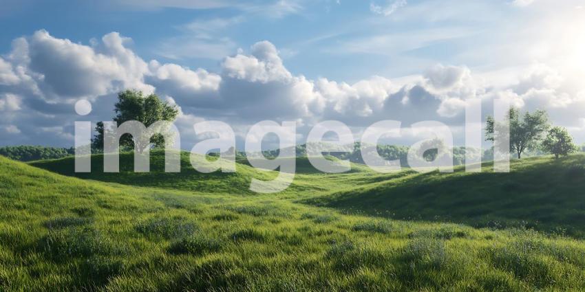 Serene Rolling Hills Landscape Lush Green Meadow under a Sunny S