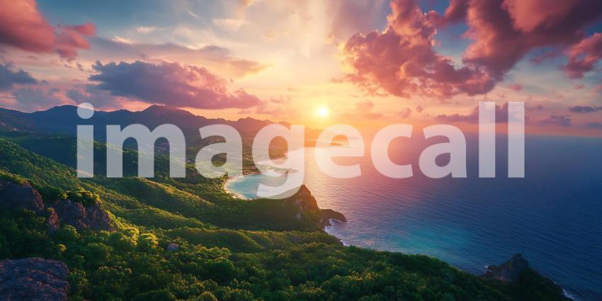 Stunning Sunset Over Tropical Coastline Breathtaking Aerial View