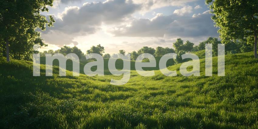 Serene Landscape Lush Green Meadow  Dramatic Sky