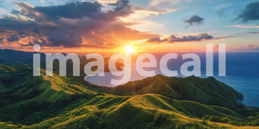 Sunset Paradise Panoramic Ocean  Lush Tropical Landscape