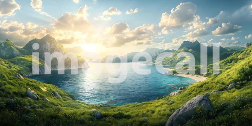 Serene Sunset Lush Island Paradise Landscape  Vibrant Nature Sce