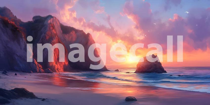 Coastal Sunset Dramatic Cliffs Ocean Waves Vibrant Sky