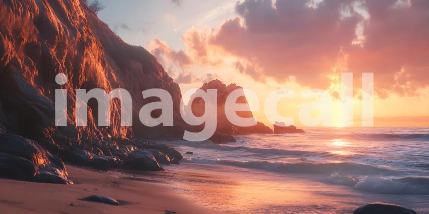 Spectacular Sunset Coastline Vibrant Beach Scene at Golden Hour
