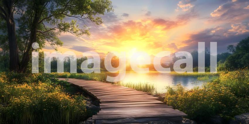 Serene Sunset Landscape Golden Hour over Calm Lake