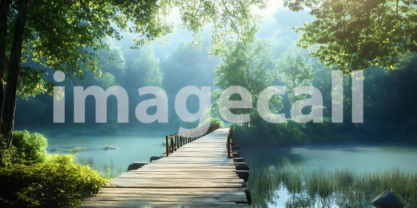 Serene Wooden Bridge Leading to Tranquil Lake