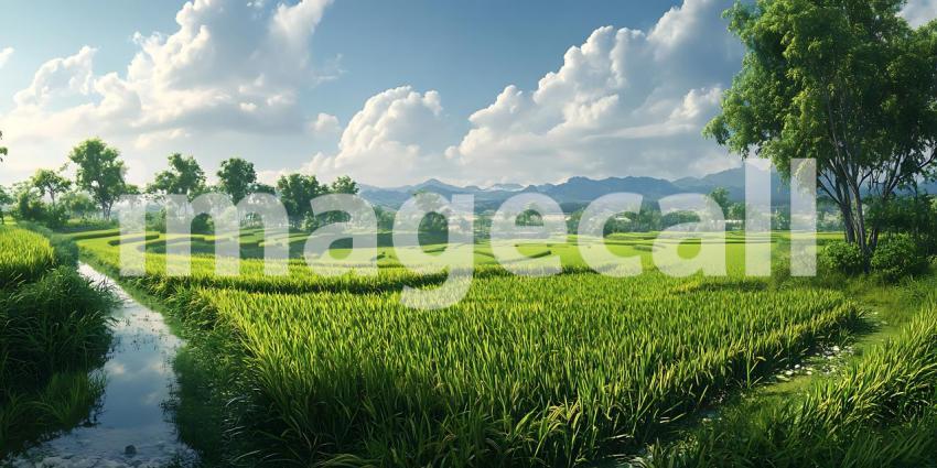 Serene Landscape Lush Green Fields and Tranquil Stream