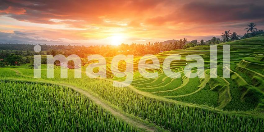 Stunning Sunset Over Lush Green Rice Terraces Scenic Landscape P