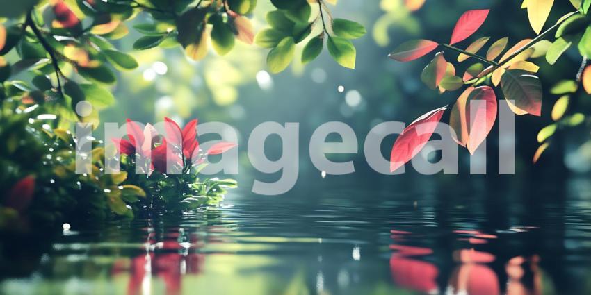 Lush Garden Pond Reflection Serene Nature Scene with Vibrant Flo