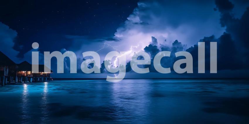 Night Scene Tropical Overwater Bungalow Lightning Storm and Star