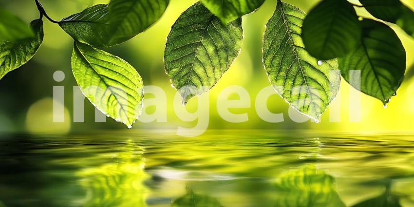 Vibrant Green Leaves Reflecting in Calm Water A Serene Nature Sc