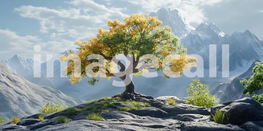 Majestic Mountain Landscape Solitary Tree on Scenic Peak  Panora