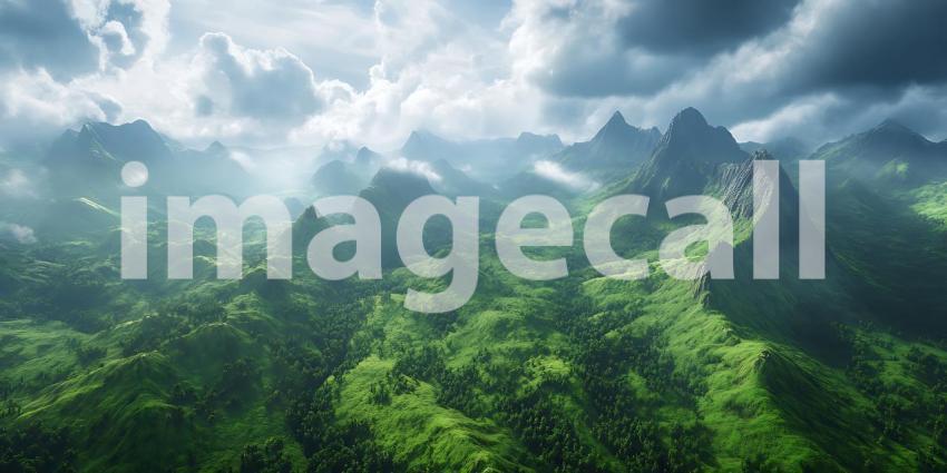 Lush Green Mountain Landscape Aerial View of Dramatic Peaks and