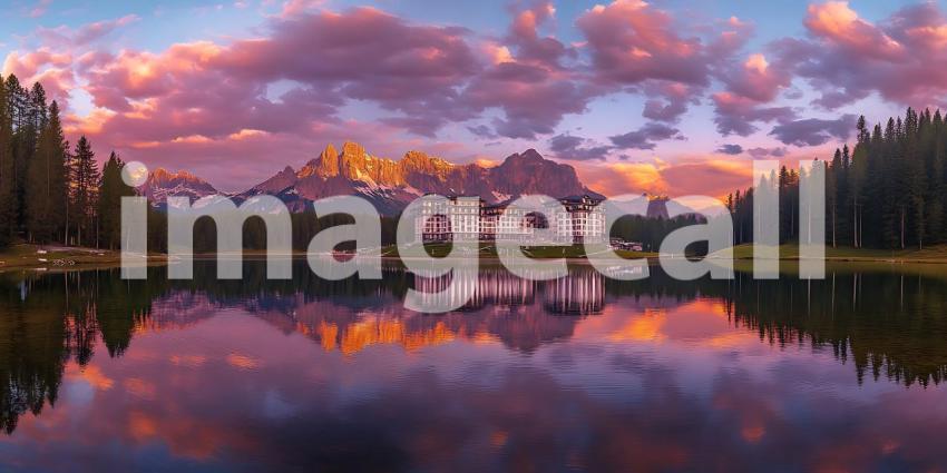 Stunning Sunset Panorama Alpine Lake Reflection  Mountain Vista