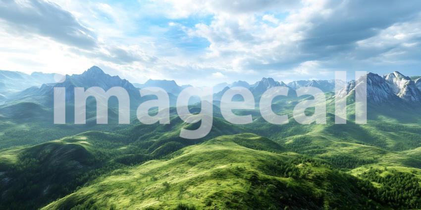 Majestic Mountain Range Panorama Lush Green Peaks and Blue Skies