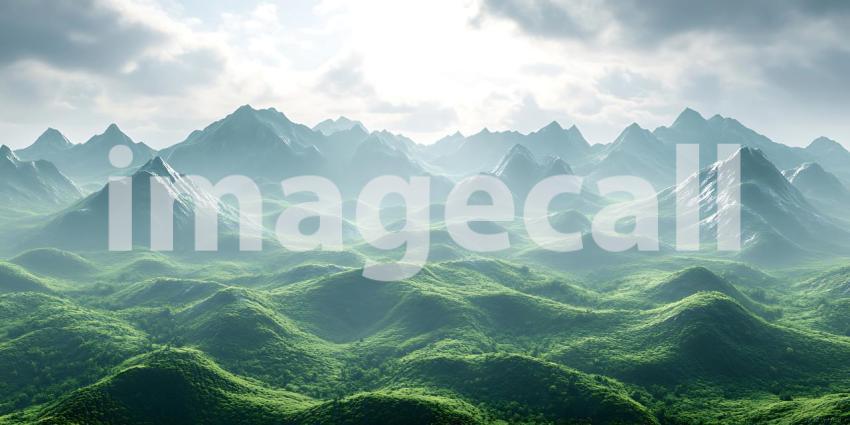 Misty Mountain Range Lush Green Peaks and Serene Valley Landscap