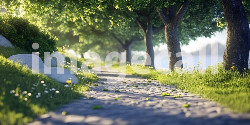 Serene Nature Path Sunlit Trees  Tranquil Vista