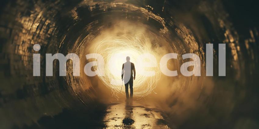 Journey to Enlightenment A Lone Figure Walks Towards a Glowing L