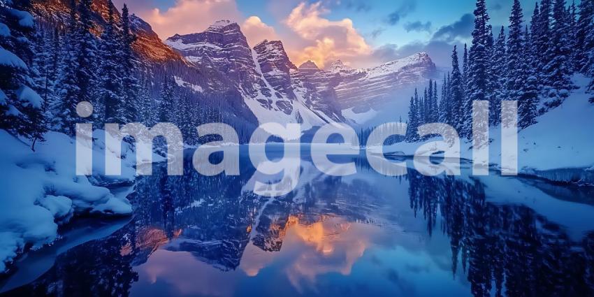 Stunning Winter Landscape Mountain Lake Reflection at Sunset