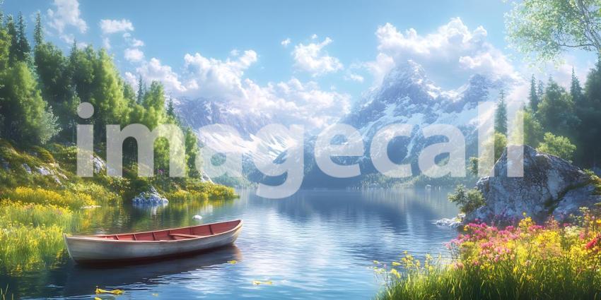 Serene Lake Landscape Boat Mountains and Lush Greenery