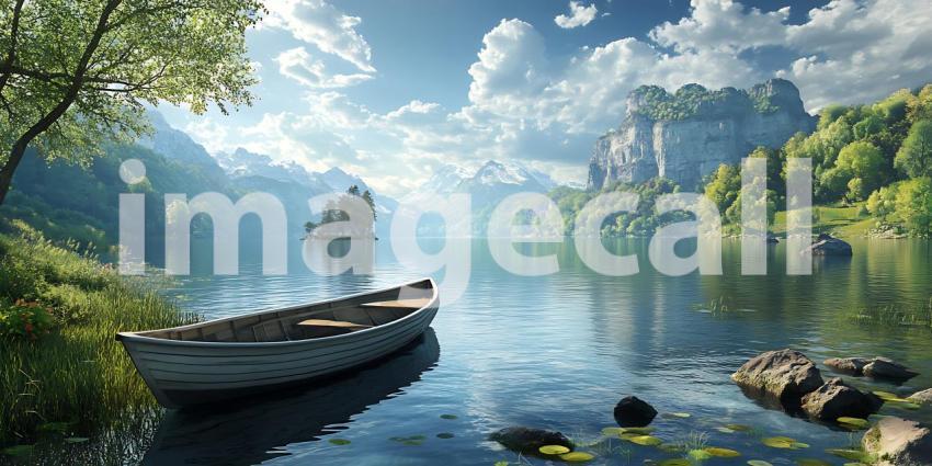 Serene Lake Scene Boat Docked Near Majestic Castle