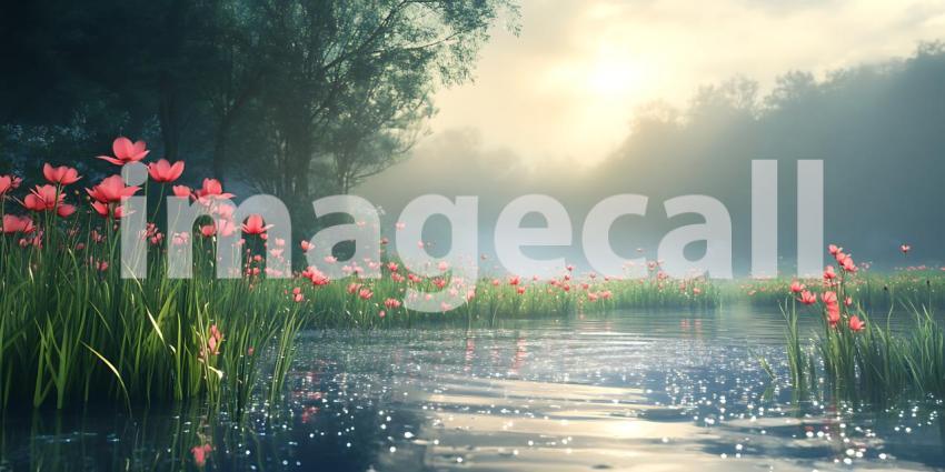 Misty River Blooming Meadow Serene Nature Scene