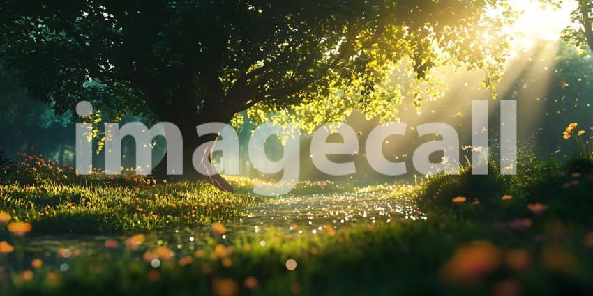 Magical Forest Scene Sunlight Through Leaves Lush Greenery Tranq