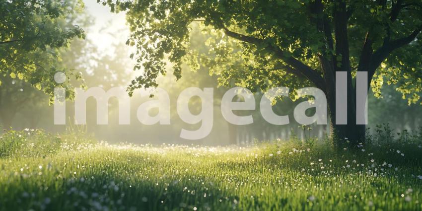 Serene Sunrise Picturesque Meadow  Ancient Trees