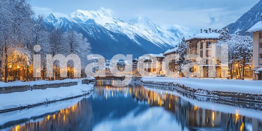 Enchanting Winter Village Scenic River SnowCovered Alps