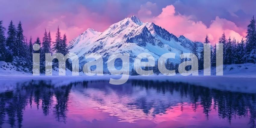 Majestic Winter Mountain Landscape Pink and Purple Sky Reflectio