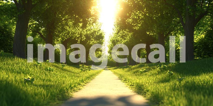 Sunlit Path Through Lush Green Trees Nature Photography