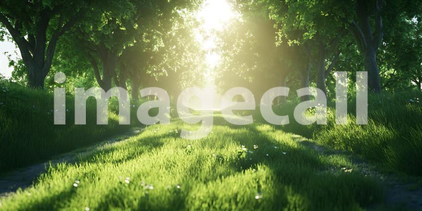 Sunlit Path Lush Green Canopy  Tranquil Nature Scene