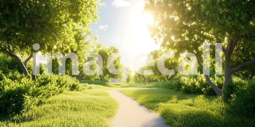 Sunlit Path Lush Greenery Tranquil Nature Scene Scenic Pathway V