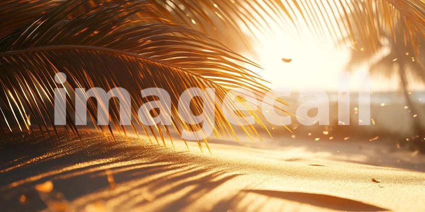 Golden Hour Sunlit Palm Fronds  Desert Sands Background