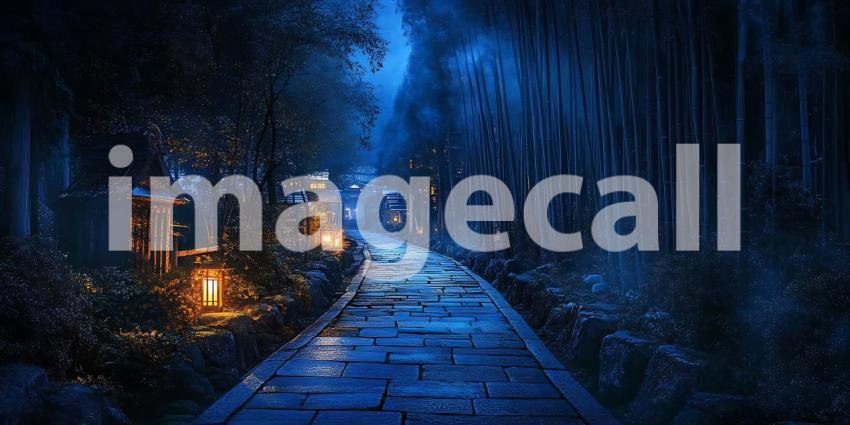 Enchanted Forest Path Night Scene with Glowing Lanterns