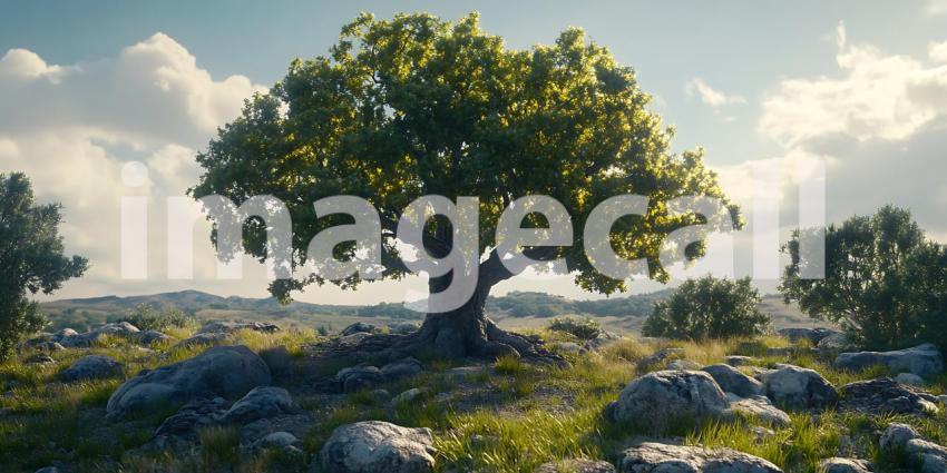 Majestic Oak Tree Landscape Panoramic Nature Scene