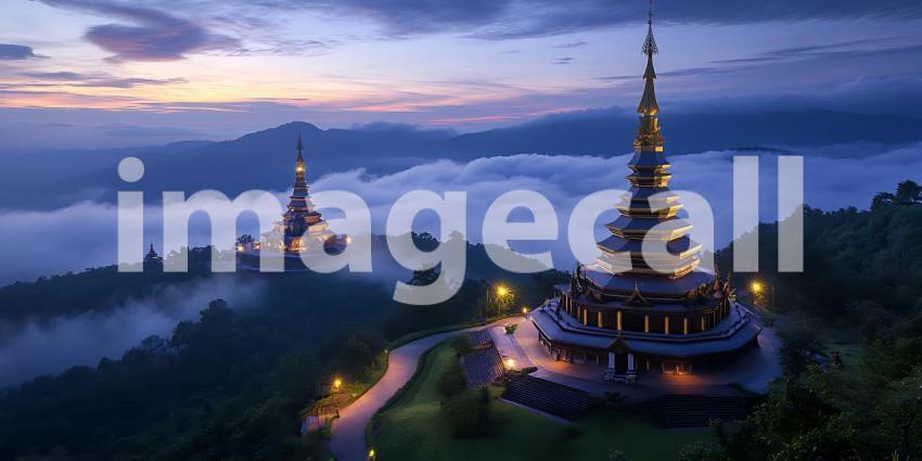 Stunning Night View Twin Pagodas Above the Clouds in Thailand