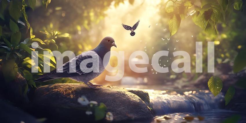 Serene Pigeon by Waterfall A Peaceful Nature Scene