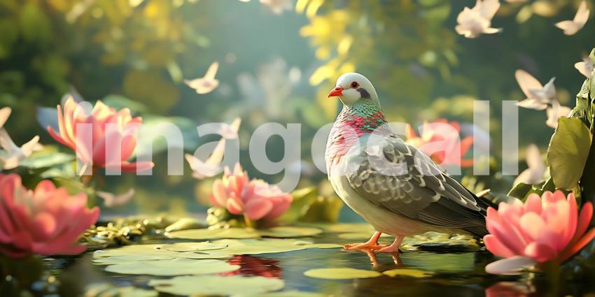 Serene Pigeon Amidst Blossoms A Tranquil Garden Scene