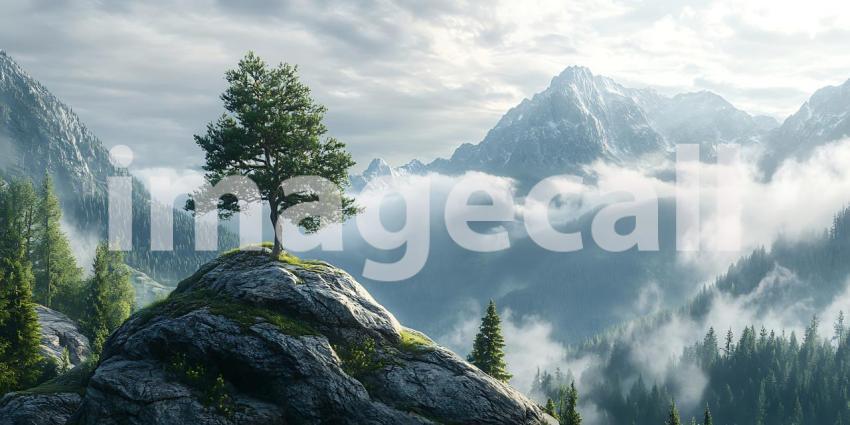 Majestic Mountain Peak Lone Tree in a Sea of Clouds